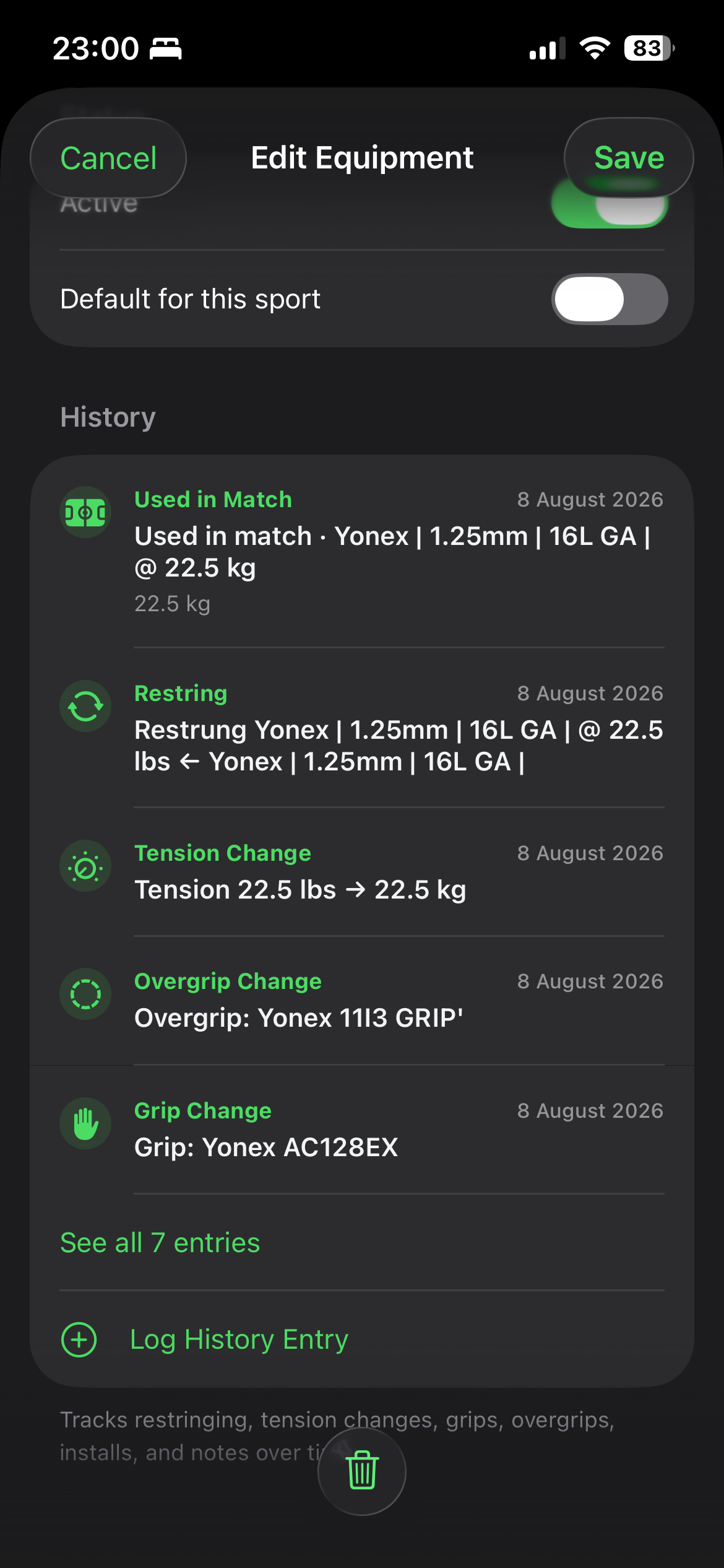 Edit Equipment history showing match use, restring, tension change, overgrip and grip change entries