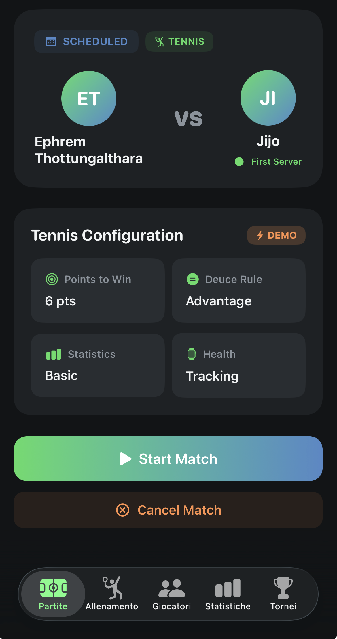 Beach tennis match configuration and start screen on iPhone