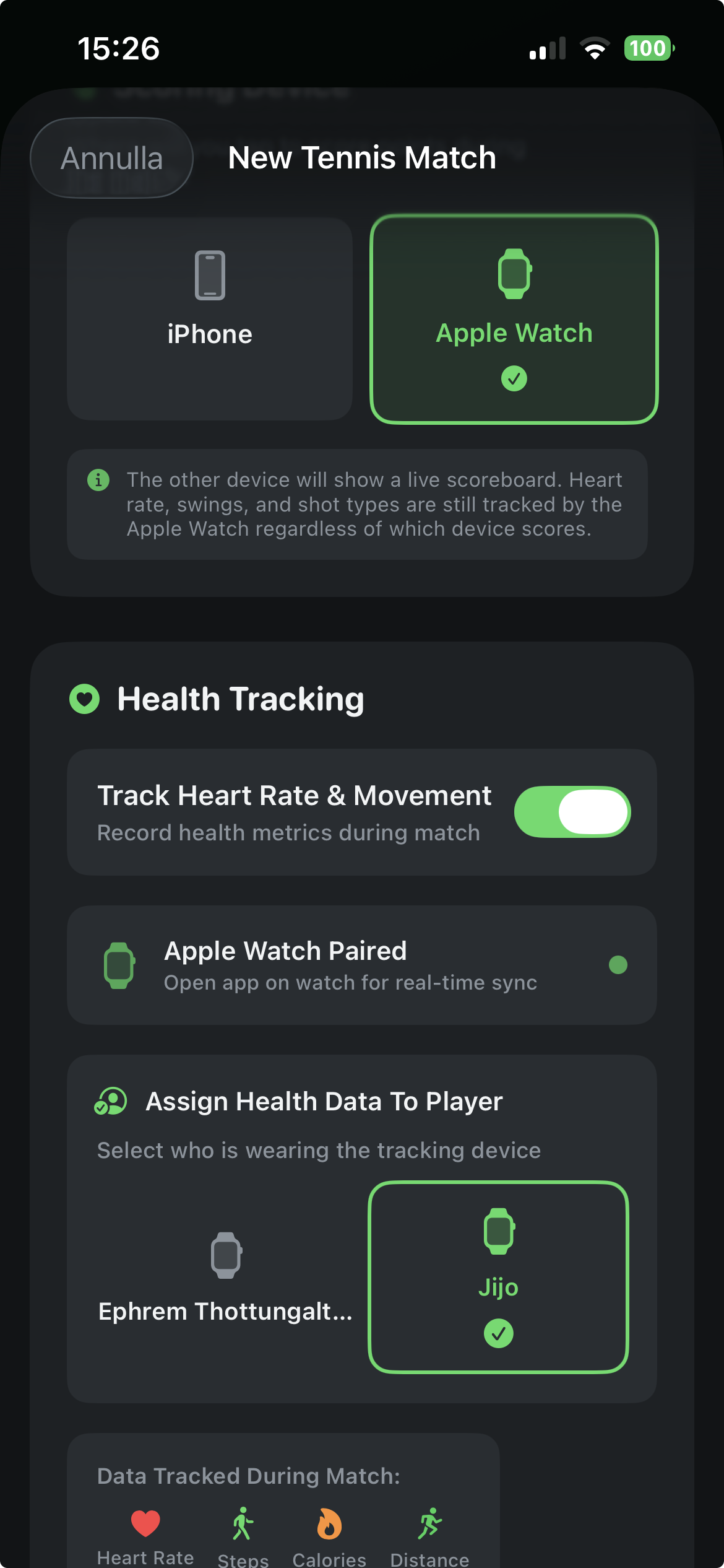 CourtsidePlay match configuration with player names, sport and format