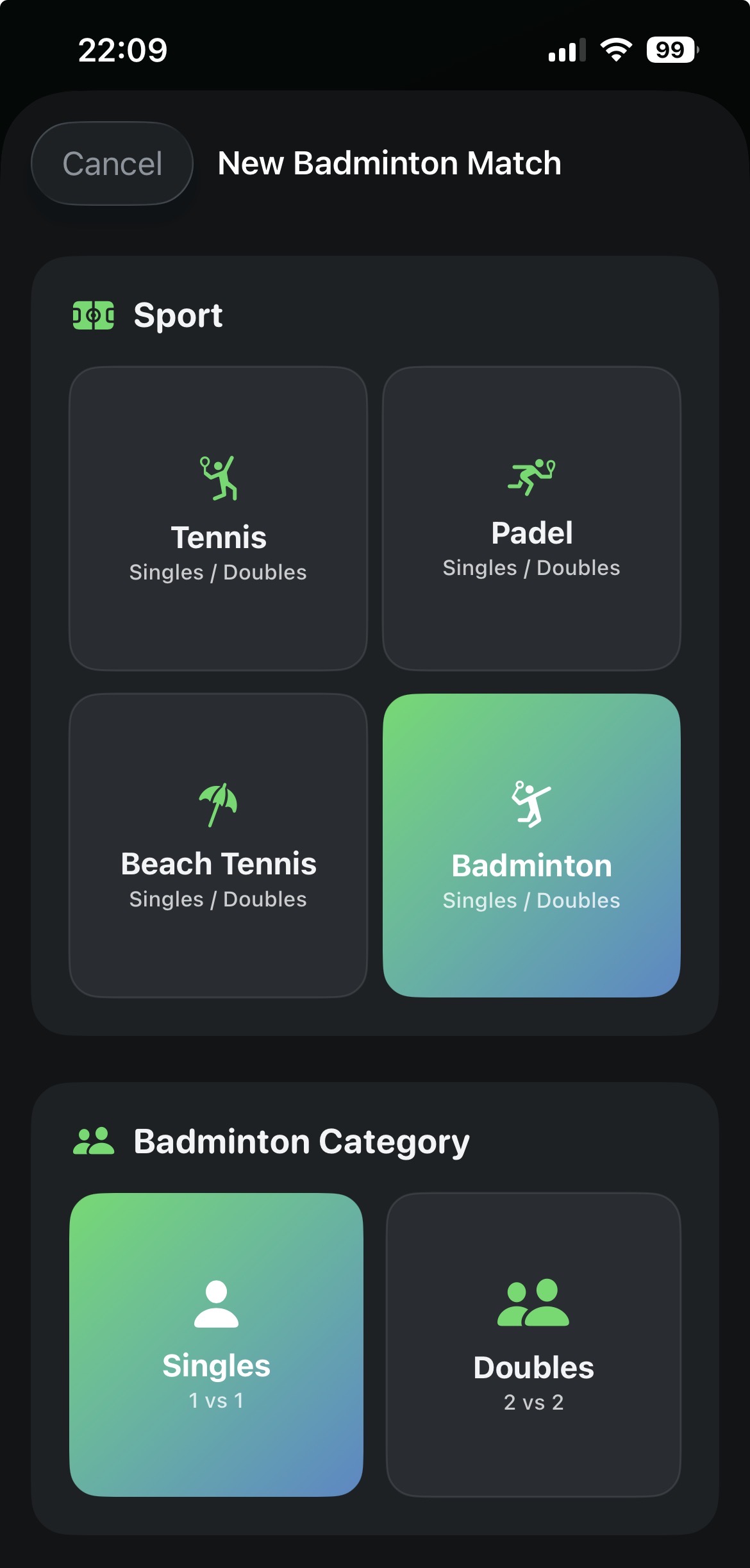 CourtsidePlay badminton sport selection — Tennis, Padel, Beach Tennis, Badminton