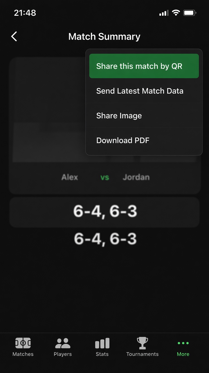 Finished match summary with Share this match by QR