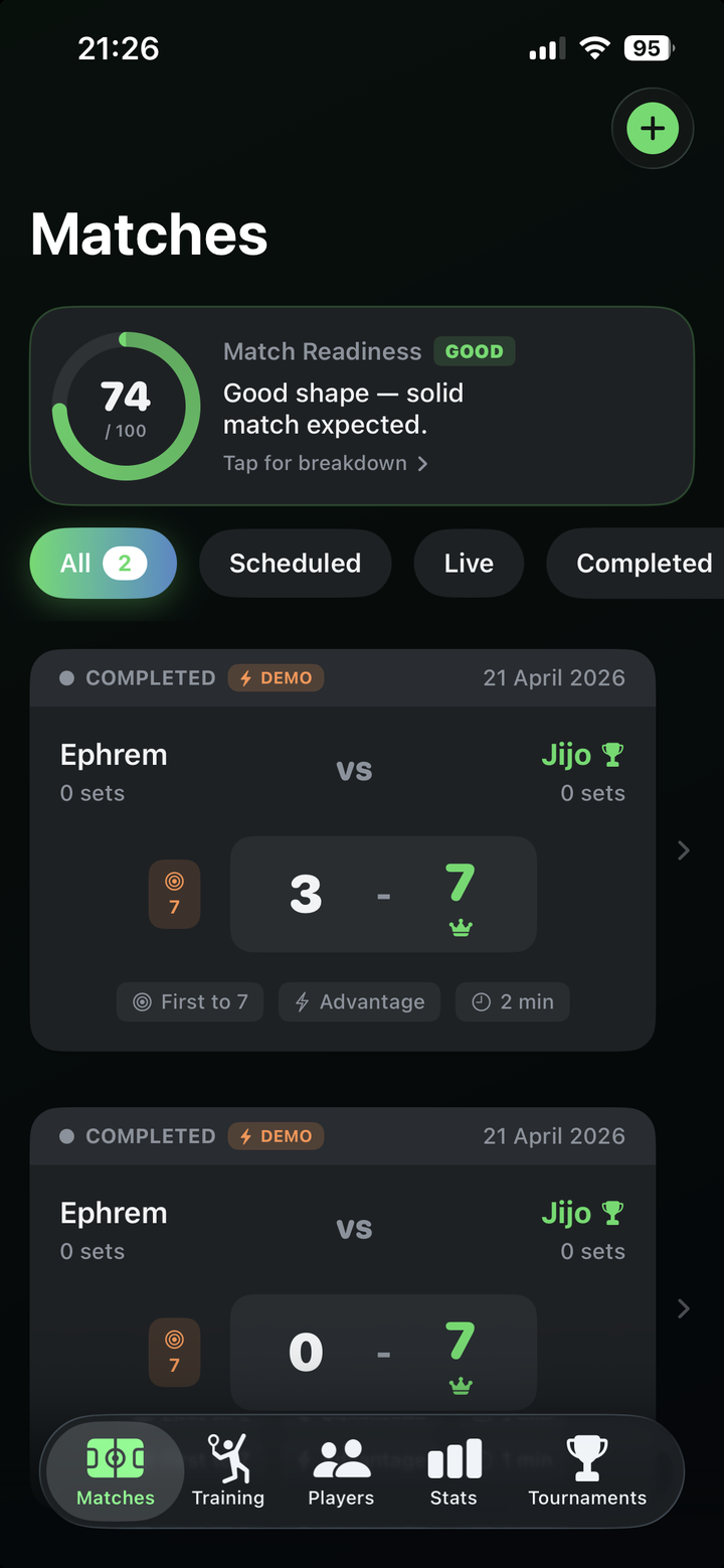 Match Readiness banner on the Matches tab