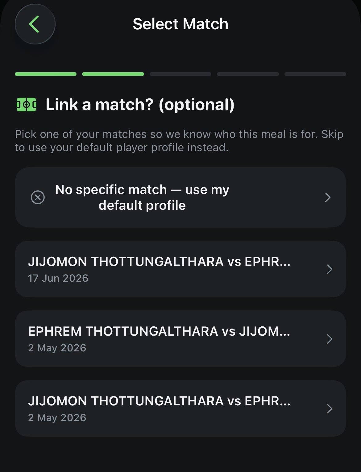Link a match screen letting you pick one of your matches or use your default profile
