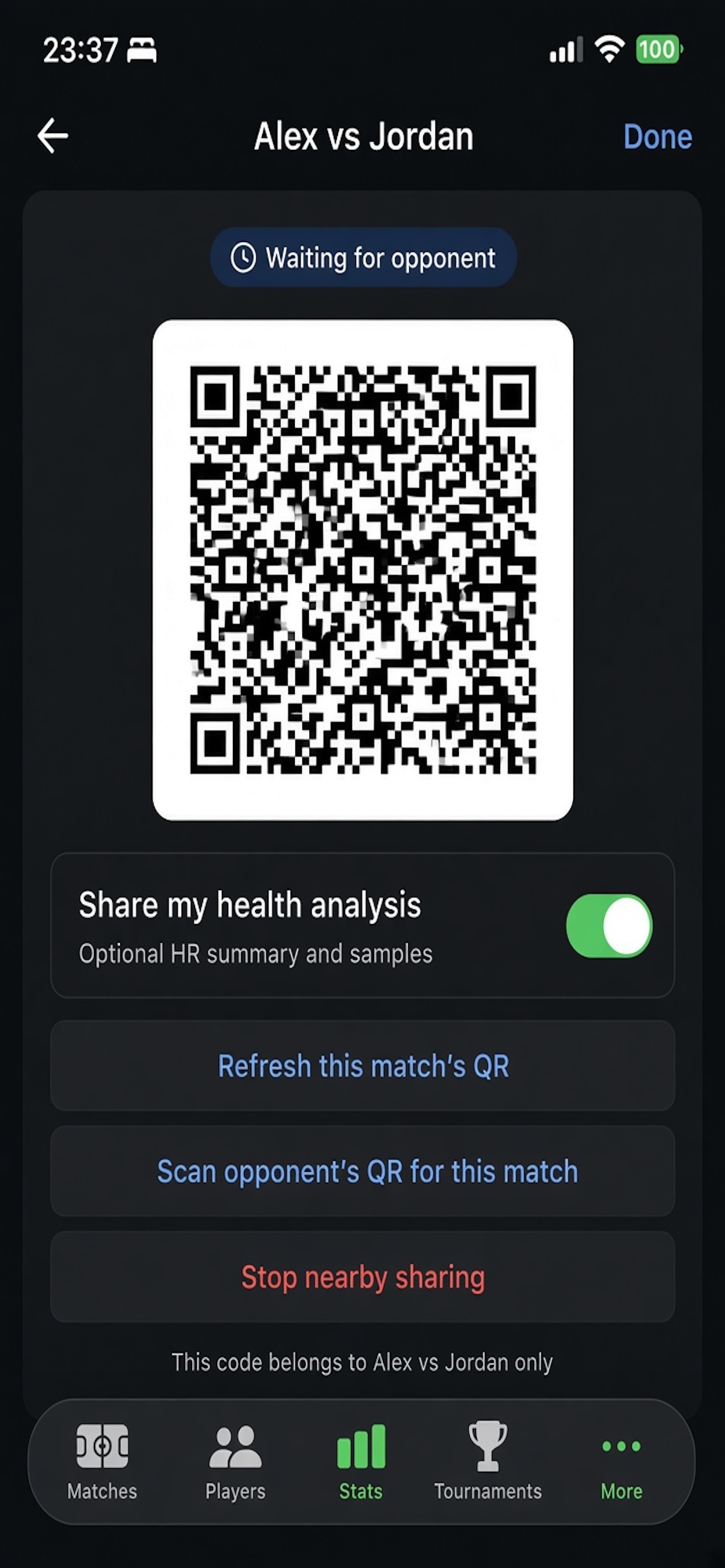 Share sheet showing a QR code and Waiting for opponent
