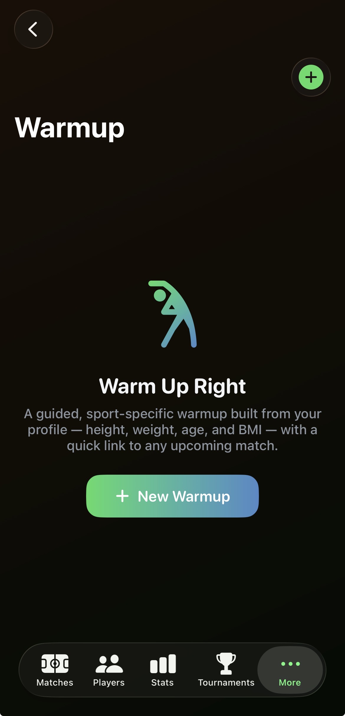 Warmup home screen with the New Warmup button, in the app's main tab bar