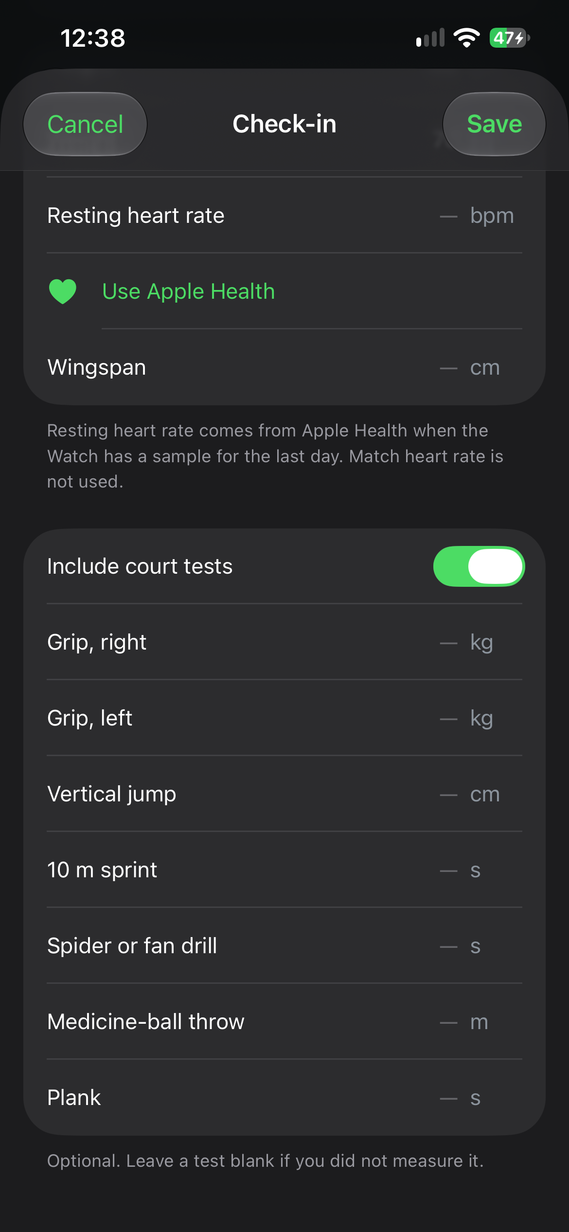 Check-in with resting heart rate and optional court tests