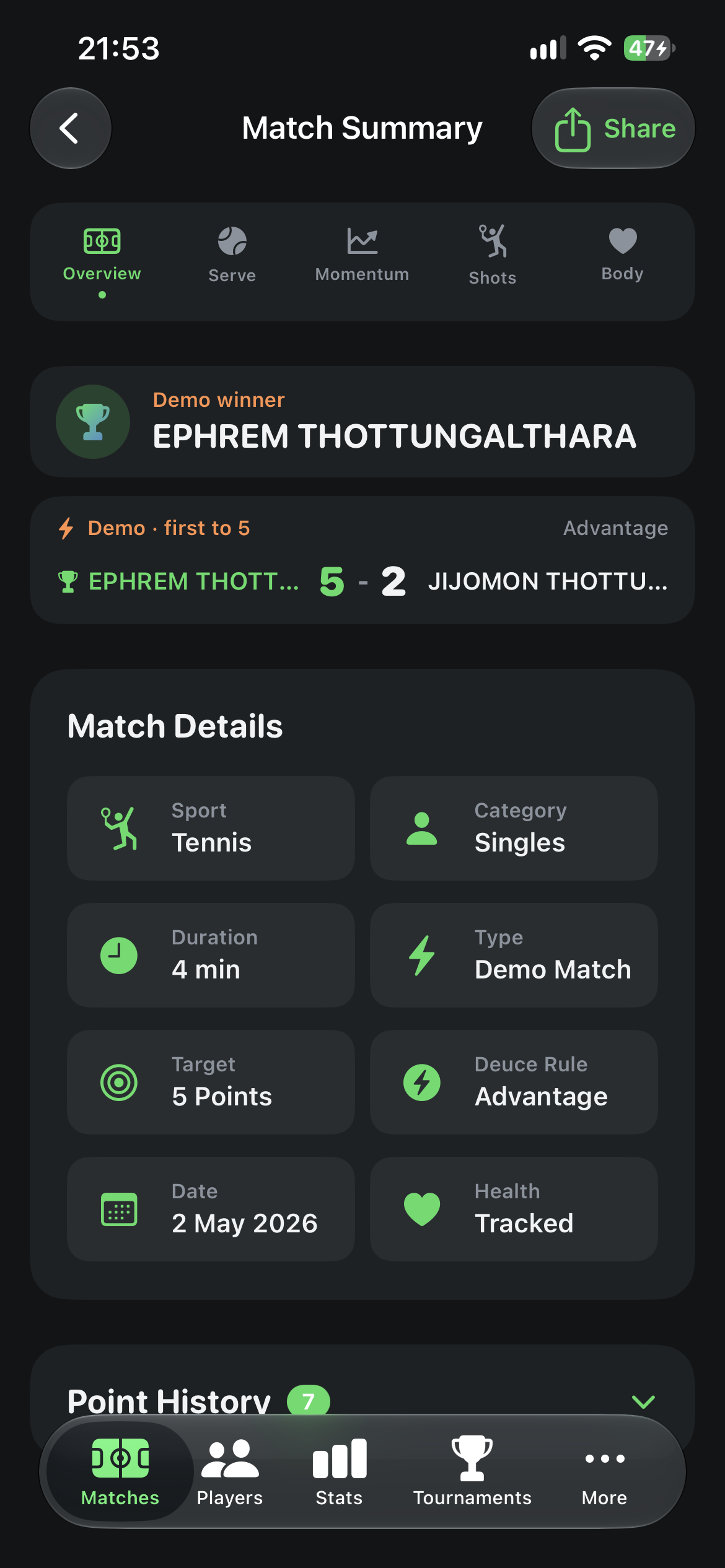 Match Summary Overview with icon tabs