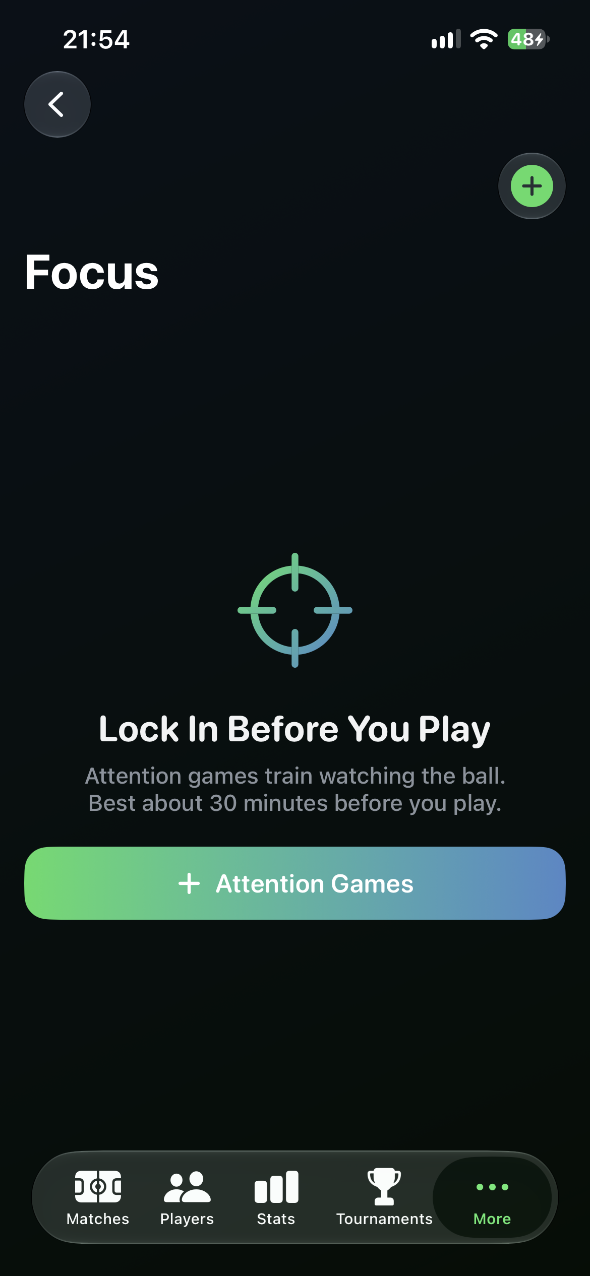 Focus tab empty state with Attention Games on iPhone